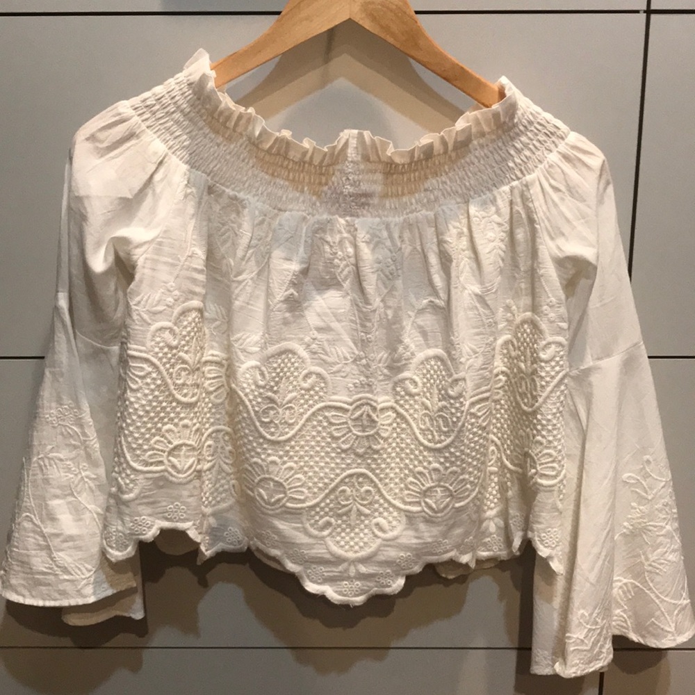 Red Carter Embroidered Off the Shoulder Crop Top - Picture 4 of 7